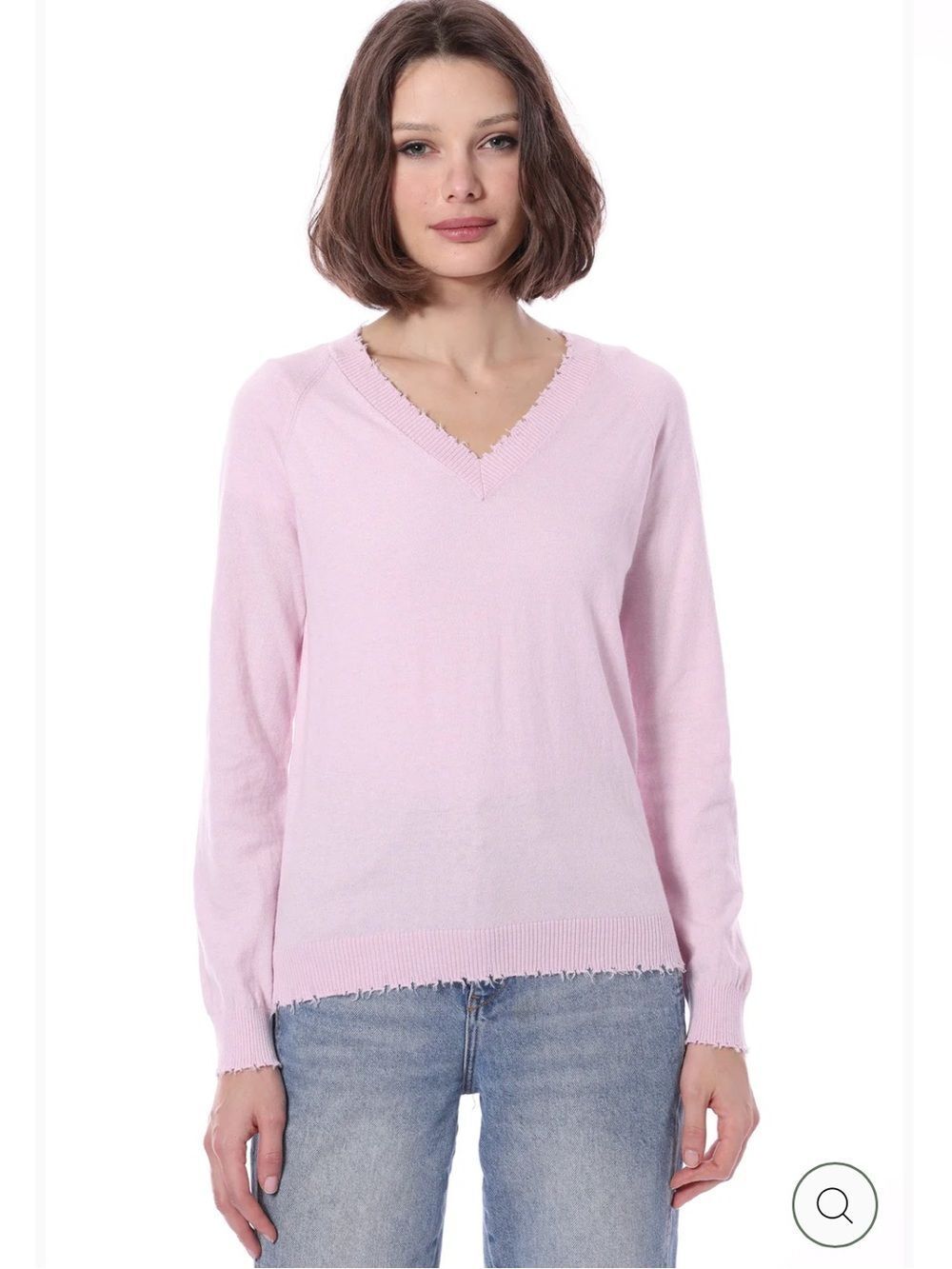 $168  Minnie Rose Cotton Cashmere Frayed Edge V neck Sweater NWT